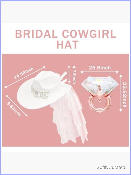 White Cowgirl Hat with Veil and Diamond Ring Balloon, 2 Piece Bridal Set main image 4